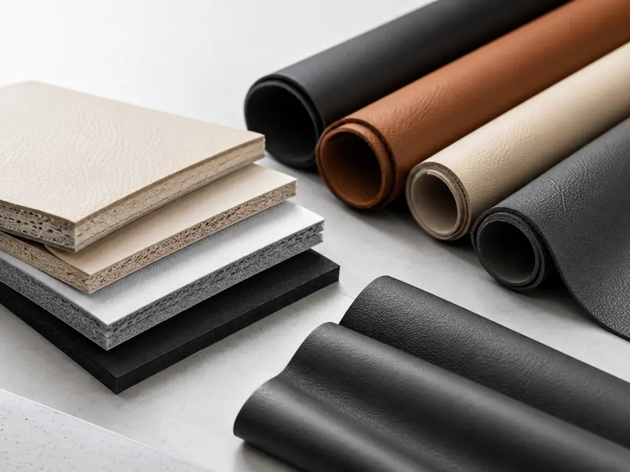 Semi PU leather layered synthetic material samples and rolled leather sheets