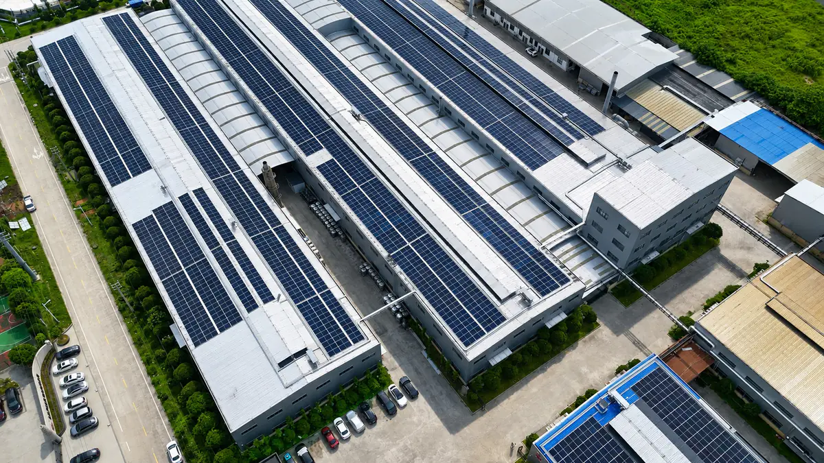 Factory workshop rooftops with solar panels at ROYI manufacturing base
