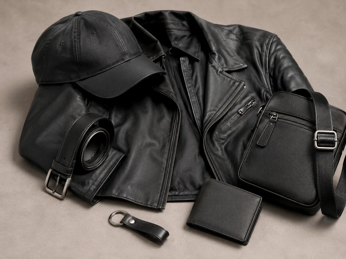 PU leather application for garments and accessories including black leather jacket belt and bag