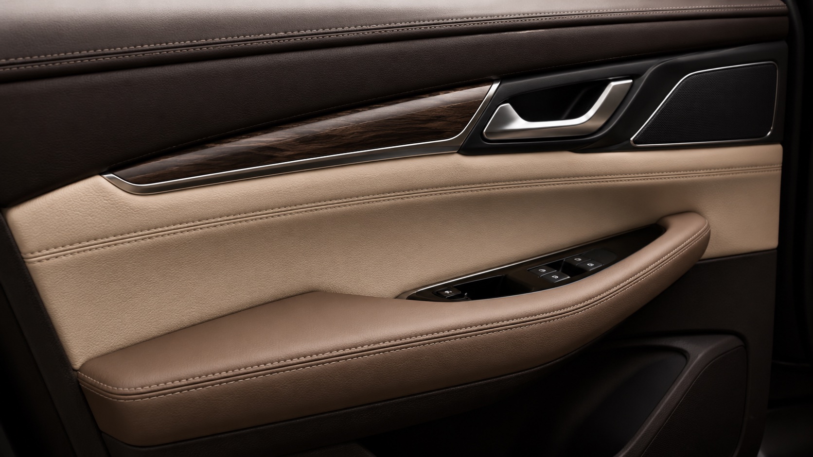 Black and beige artificial leather automotive door panel