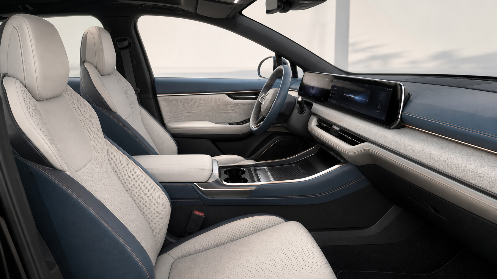 Representative electric vehicle cabin showing synthetic leather zones across seats, dashboard, doors and console