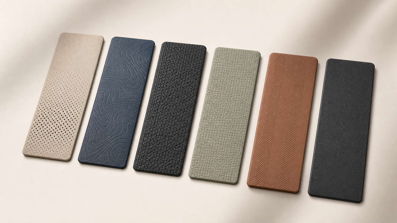 Six representative automotive synthetic leather swatches with varied colors, perforation and modern embossed textures