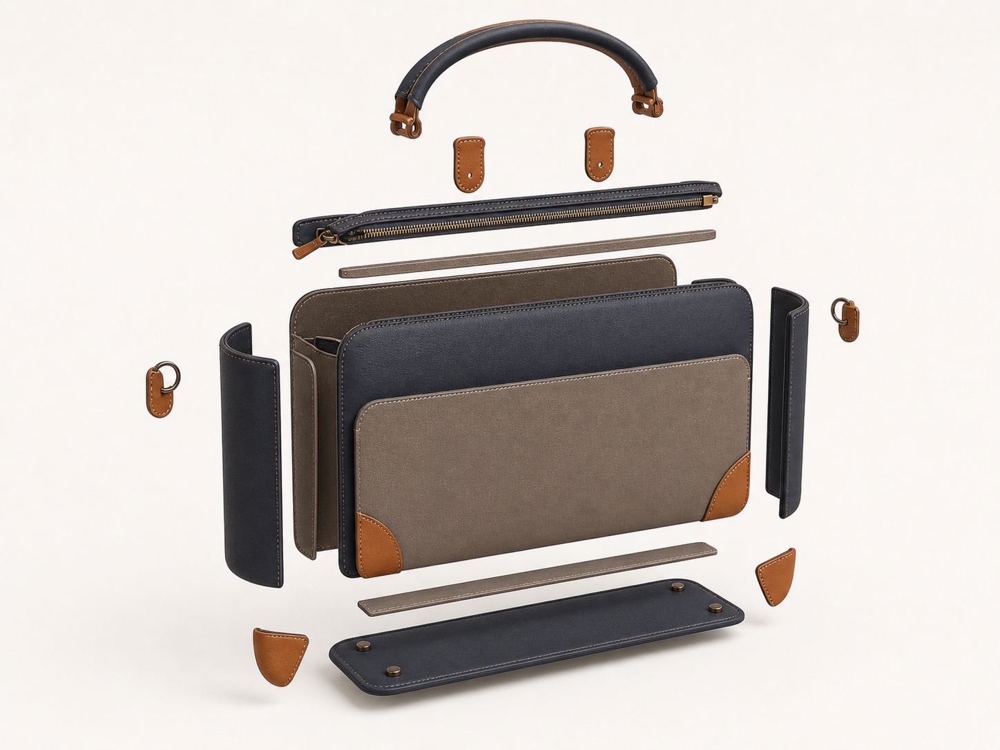 Exploded application illustration of a synthetic leather business bag and its handle, panels, gusset, base, closure and reinforcement parts