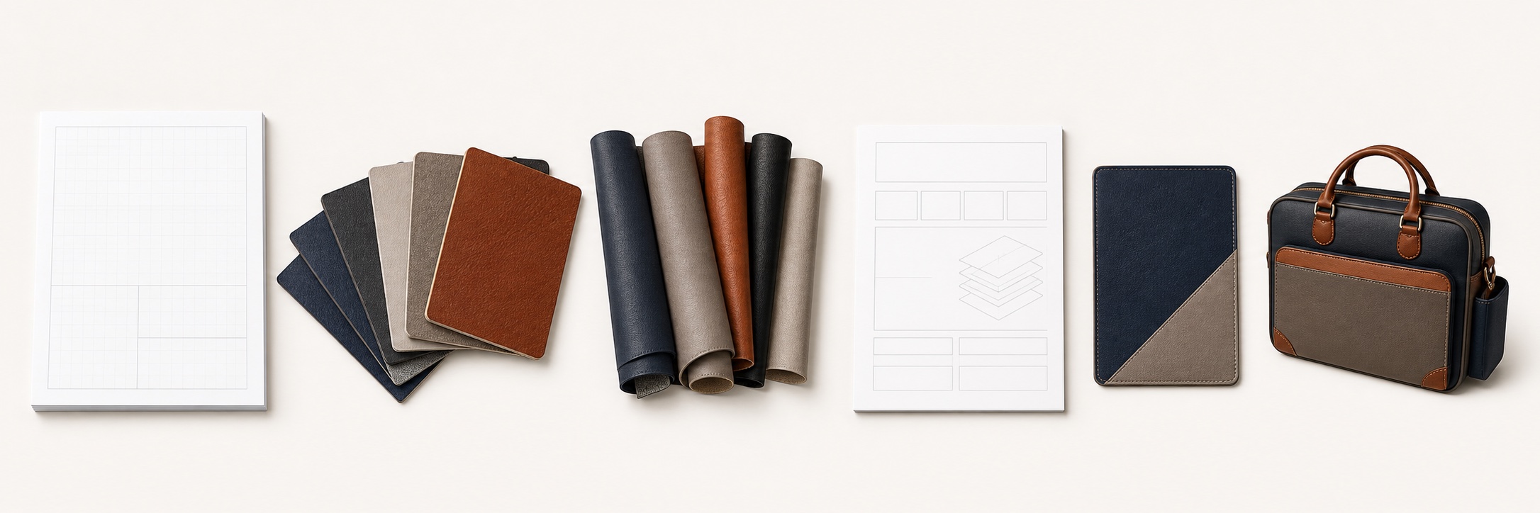 Illustrative example review pack with blank construction sheet, material swatches, trial rolls, blank validation plan, component sample and finished bag