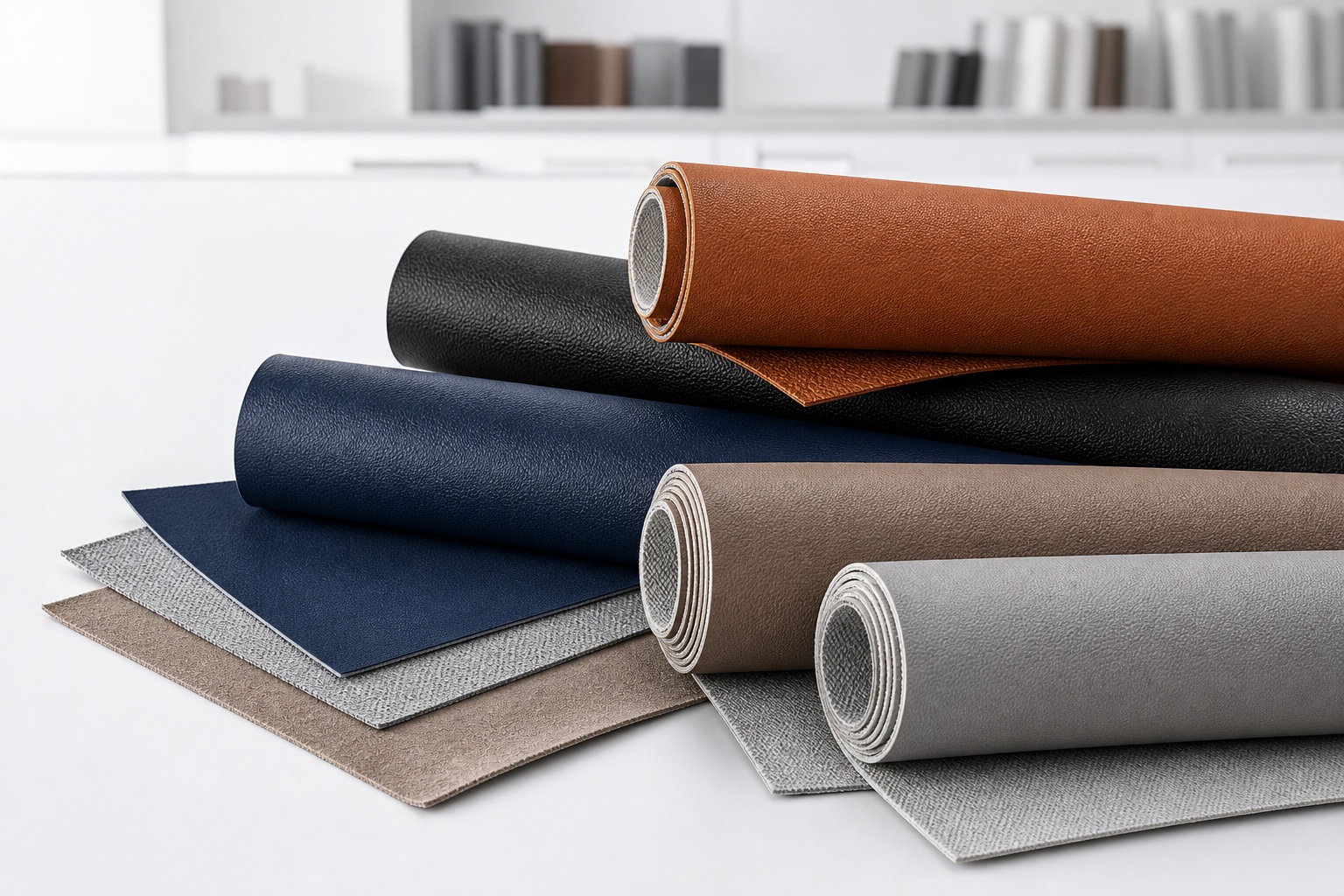 Synthetic leather rolls and layered backing samples prepared for a ROYI material discussion