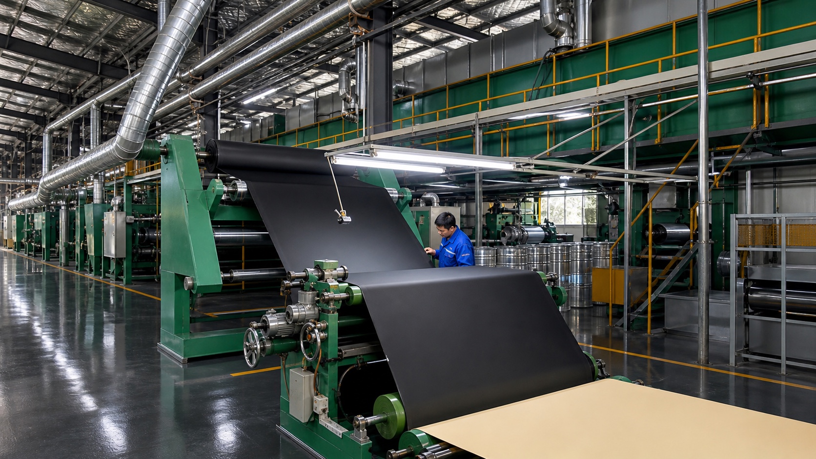 Black artificial leather material running on production line