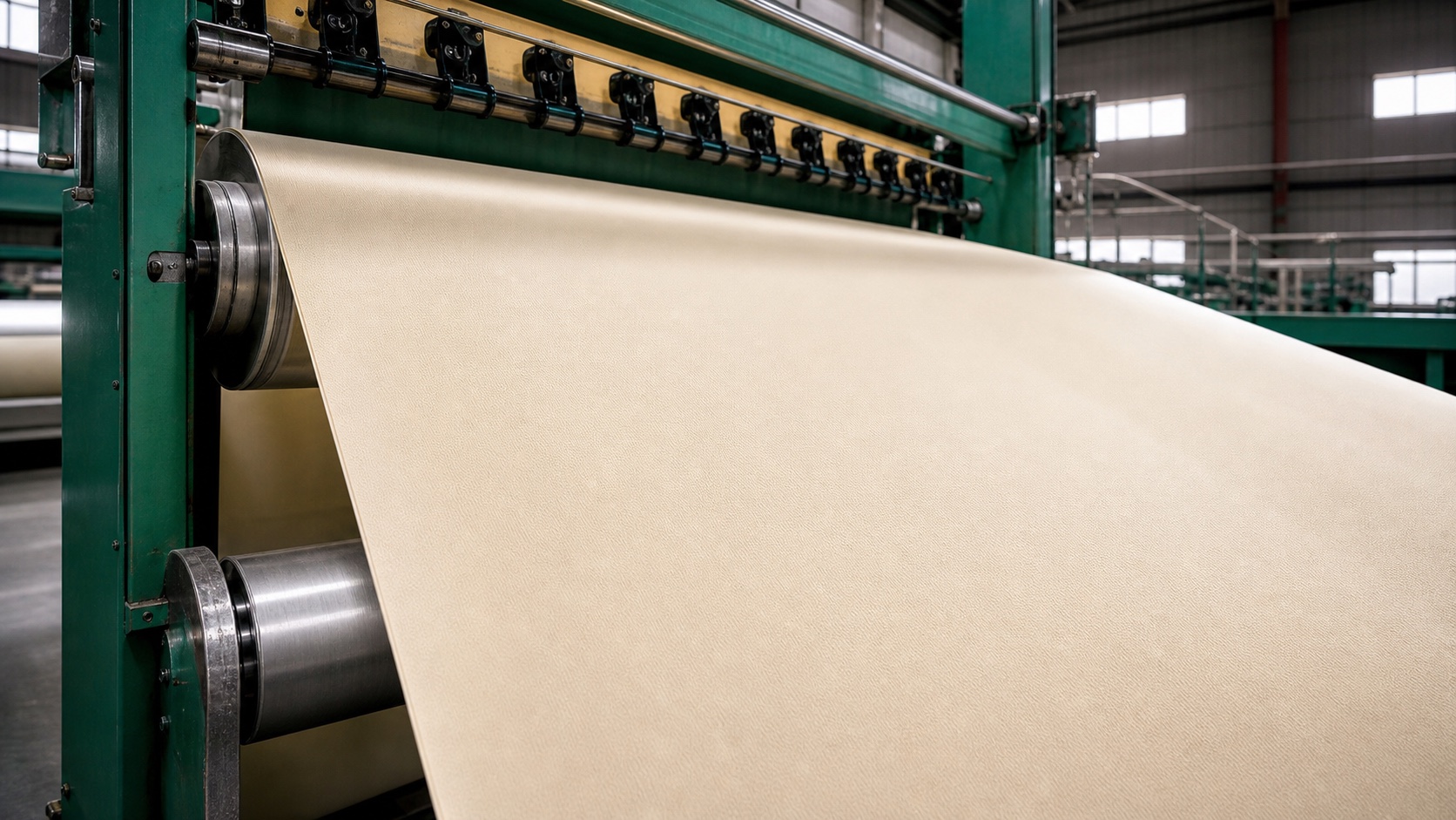 Embossed light-colored coated material on finishing machine