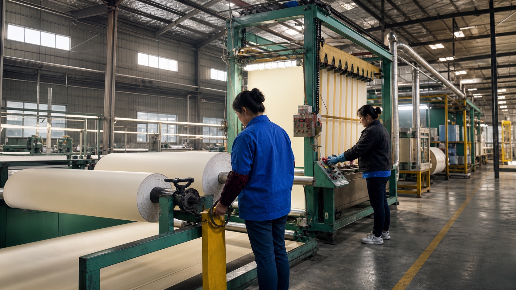 Production line with operators and fabric roll