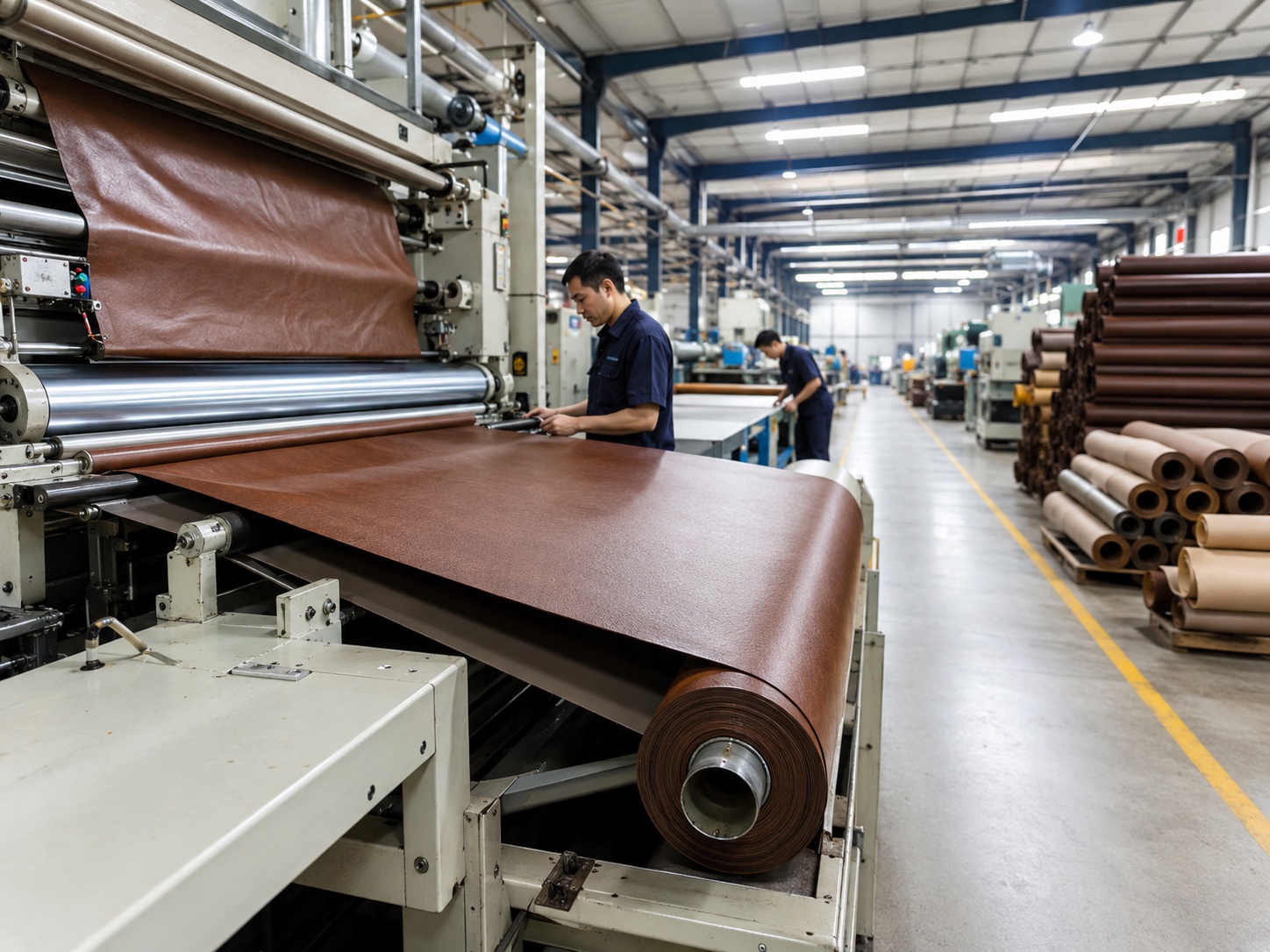 Synthetic leather manufacturing process with coating equipment, material rolls and artificial leather production line