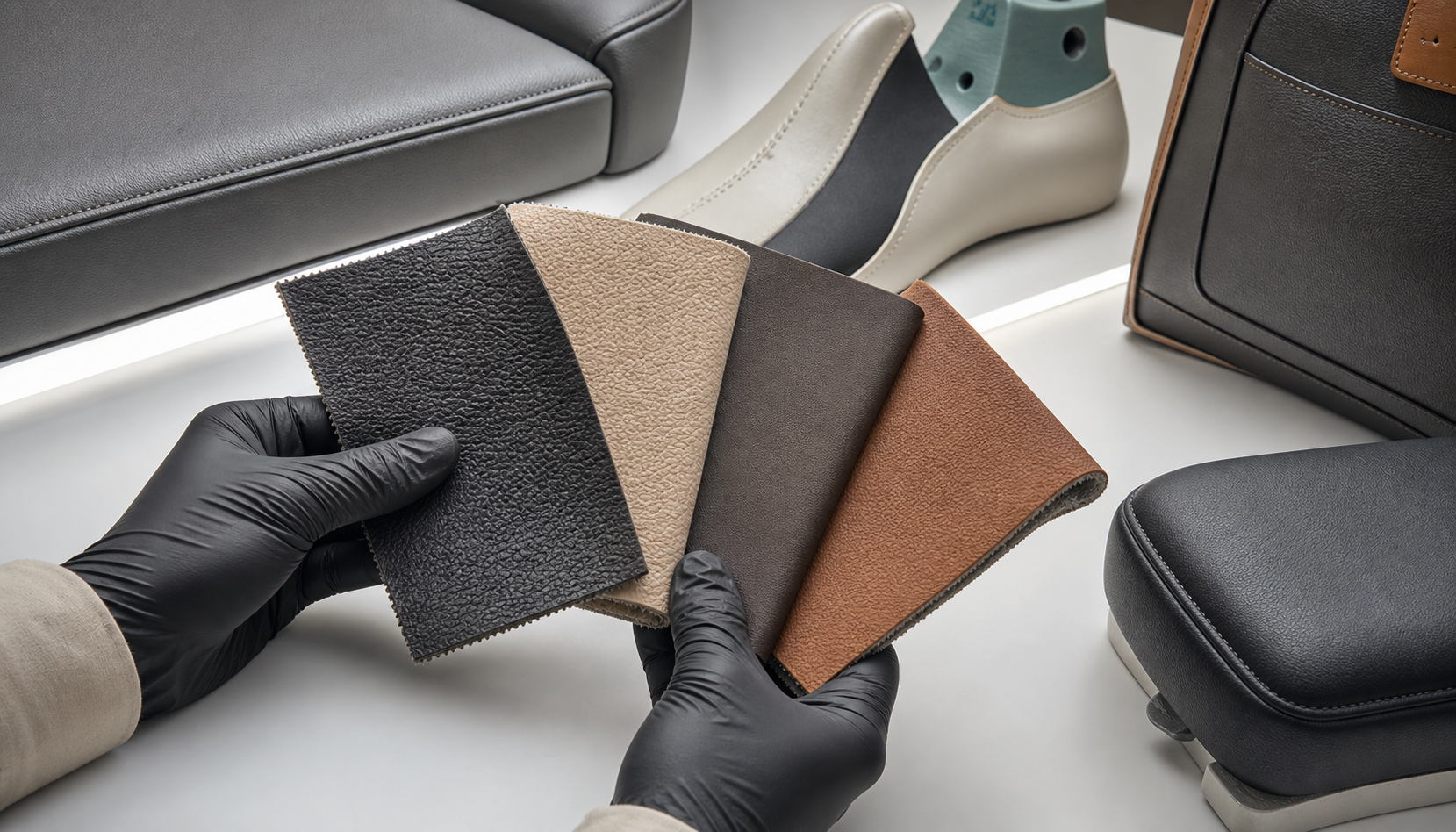 Material specialist comparing black, beige, brown and tan synthetic leather swatches for seats, footwear and bags