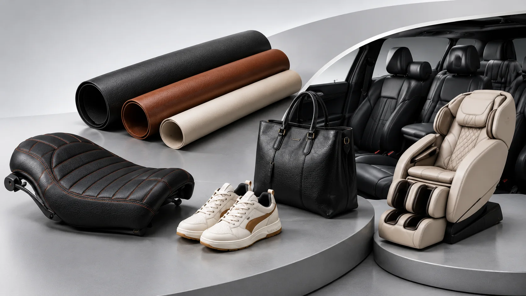 artificial leather product display with motorcycle seat shoes black bag automotive interior and massage chair
