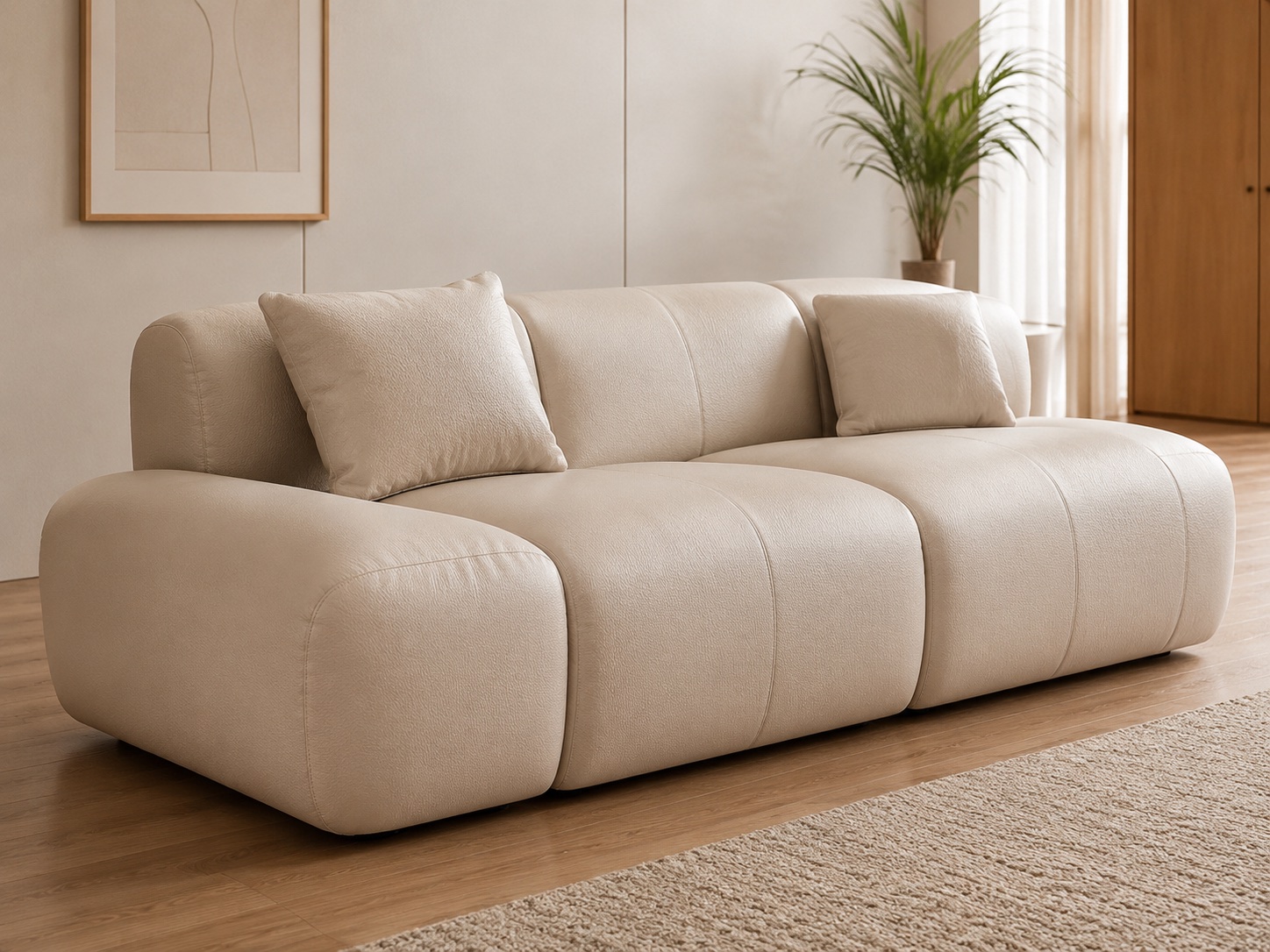 Light synthetic leather upholstery on a modern sofa and seating