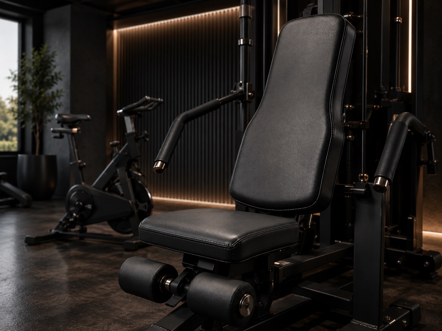 Black synthetic leather seat and backrest on fitness machine
