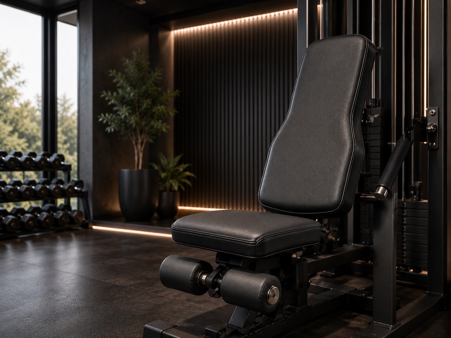 Black synthetic leather upholstery on home gym equipment