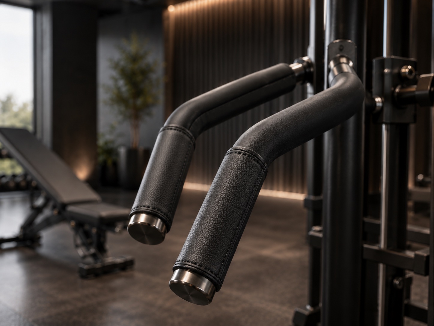 Black synthetic leather handle wraps on gym equipment