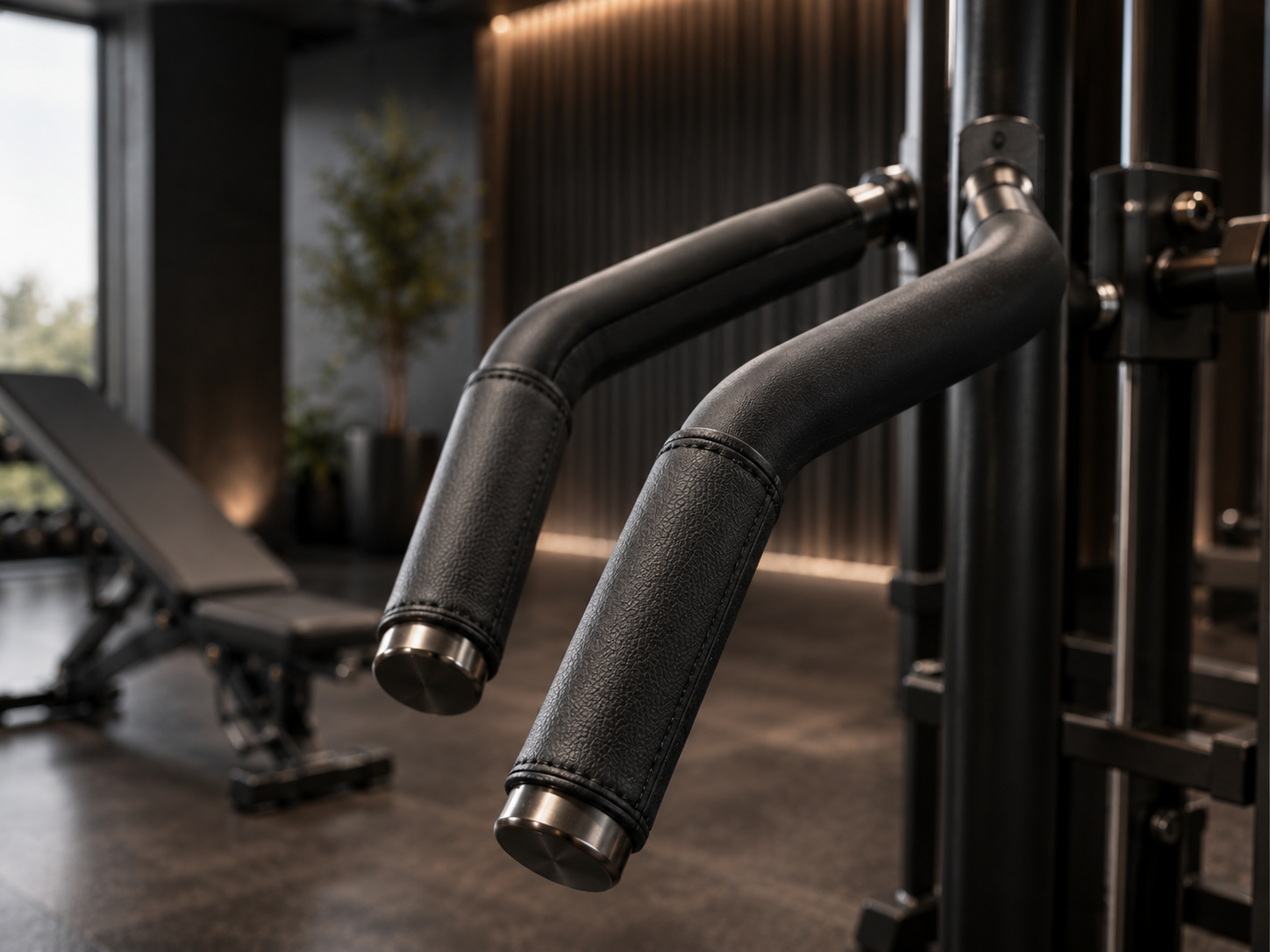 Black synthetic leather handle wraps on gym equipment