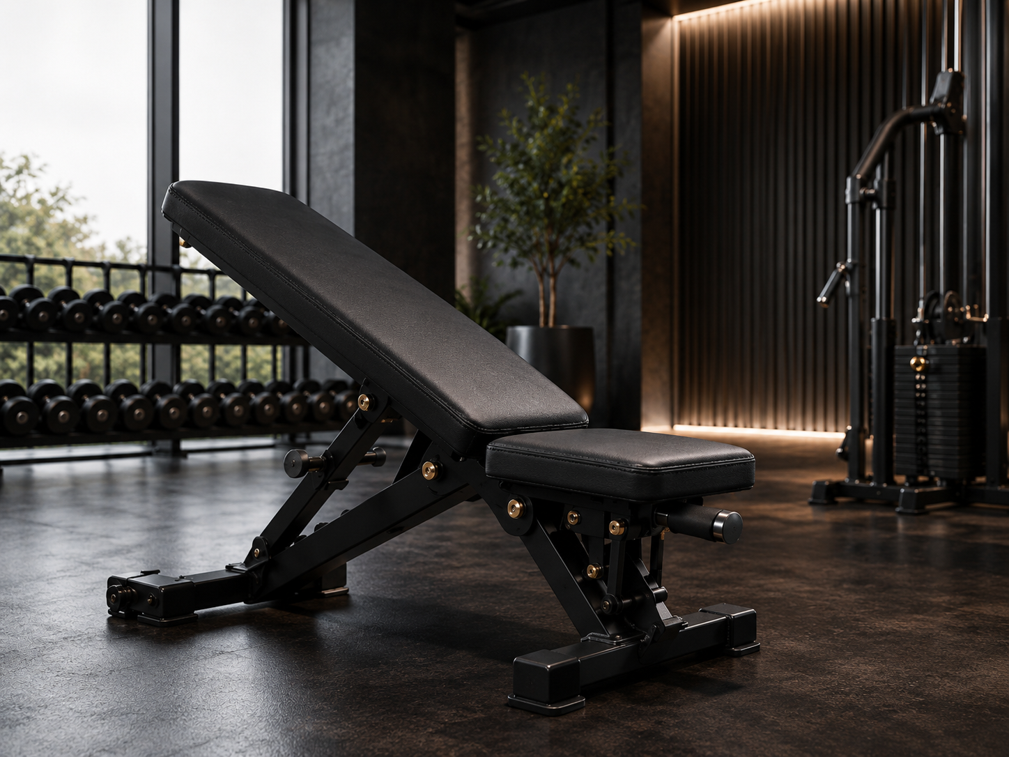 Black synthetic leather upholstery on adjustable workout bench