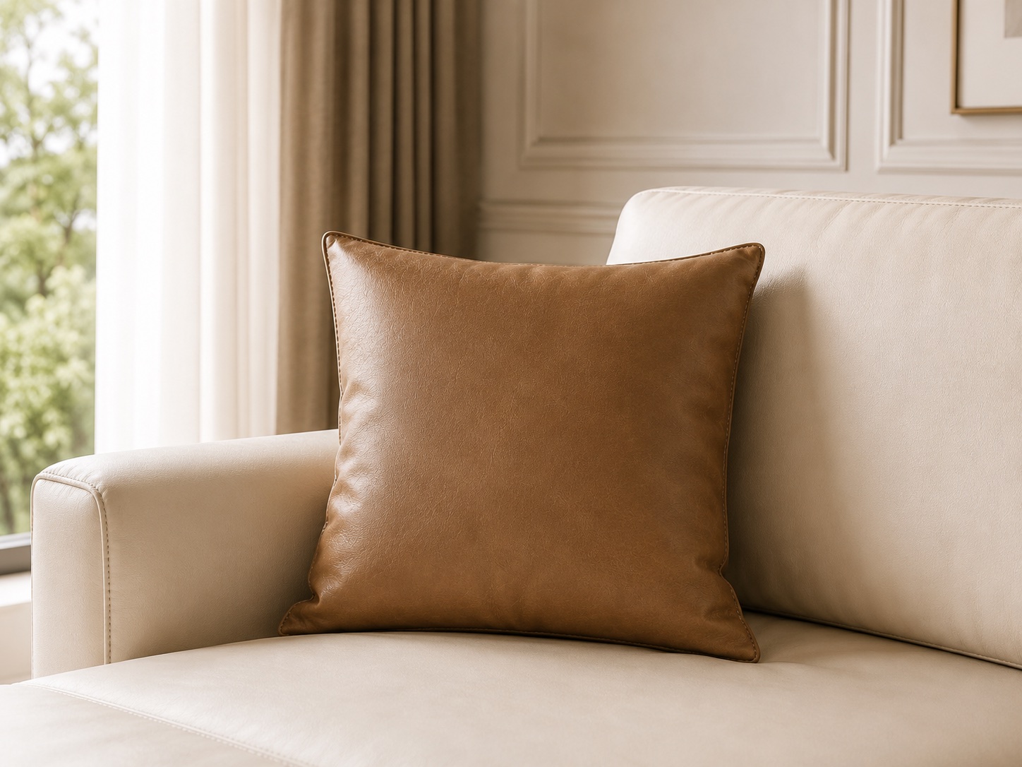 Brown synthetic leather cushion on cream sofa