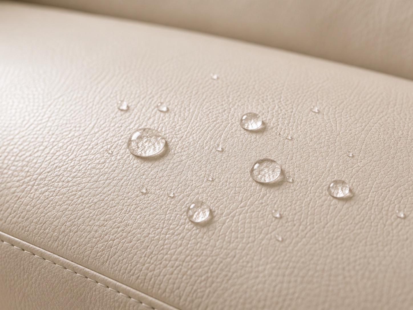 Illustrative water droplets on a cream synthetic leather upholstery surface