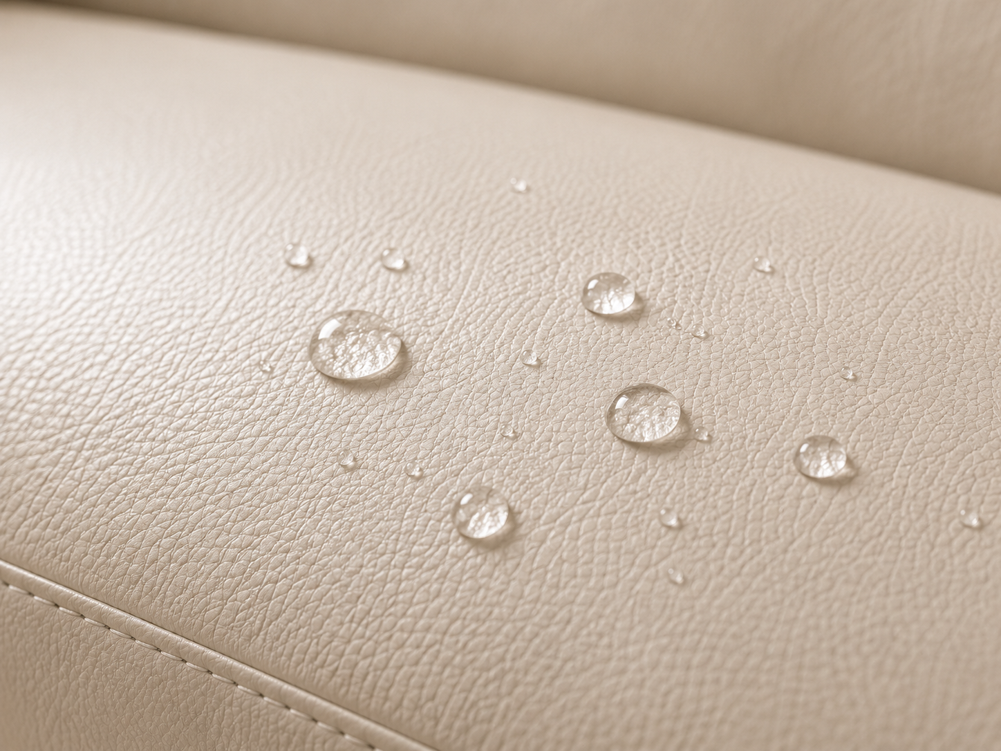 Water droplets on cream synthetic leather easy clean upholstery surface