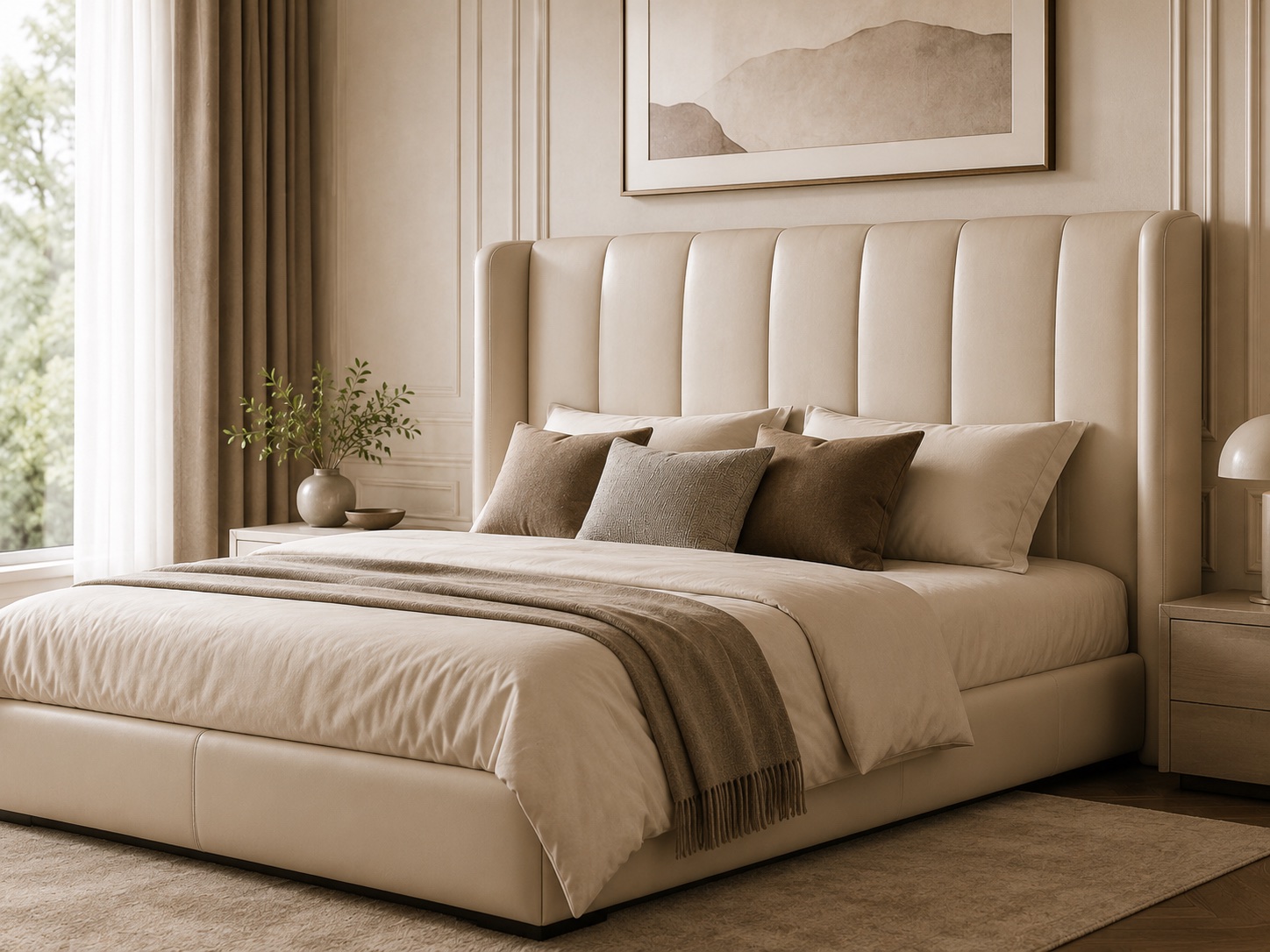 Cream synthetic leather upholstered bed headboard for bedroom furniture