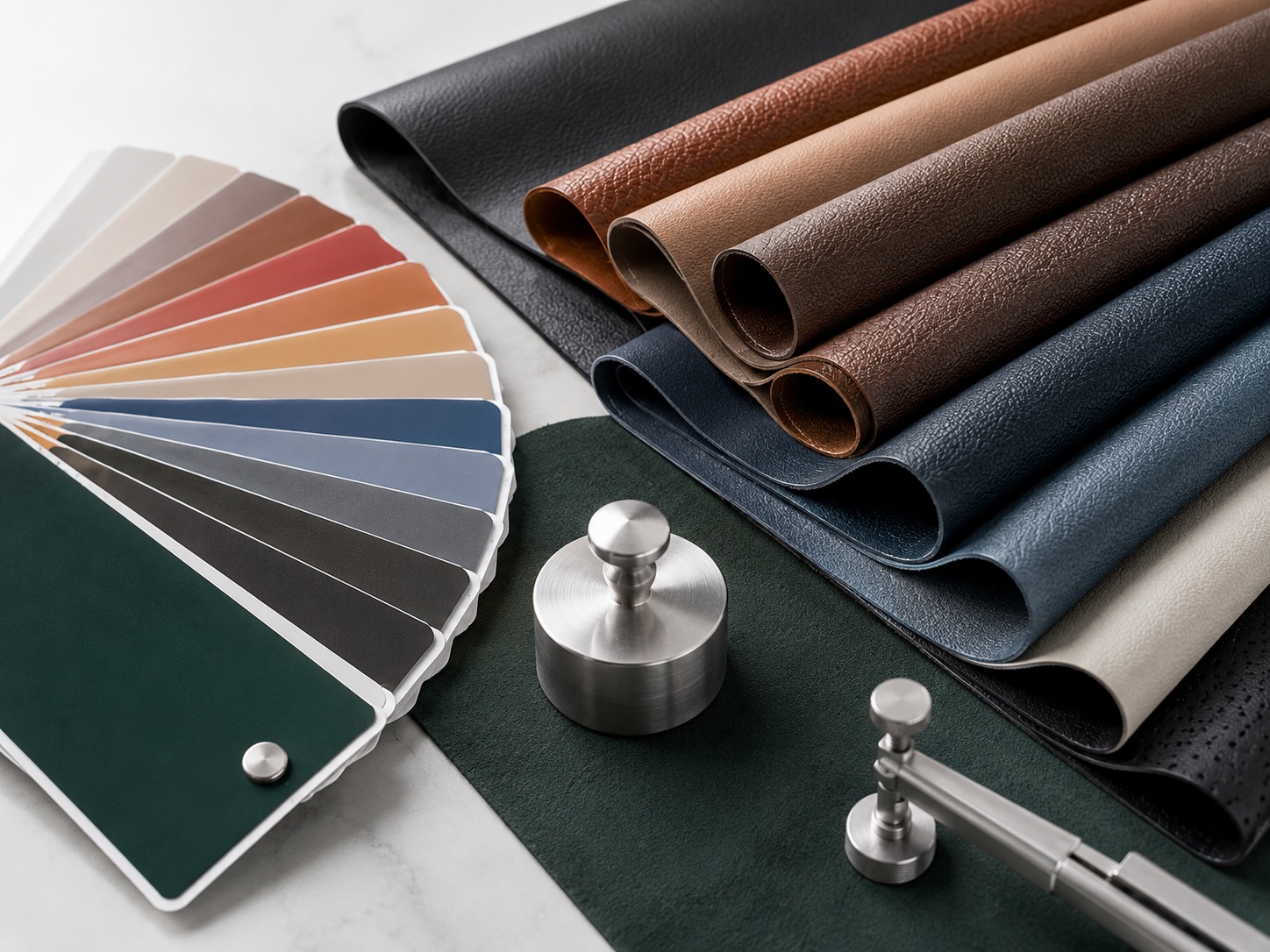 Custom artificial leather development with color matching swatches, surface grain and thickness tools
