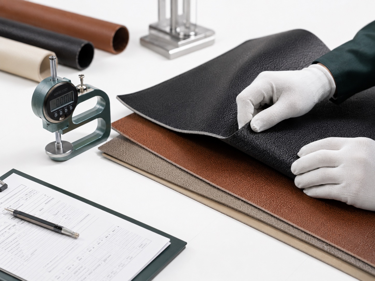 Wet PU leather production inspection for artificial leather surface and backing development