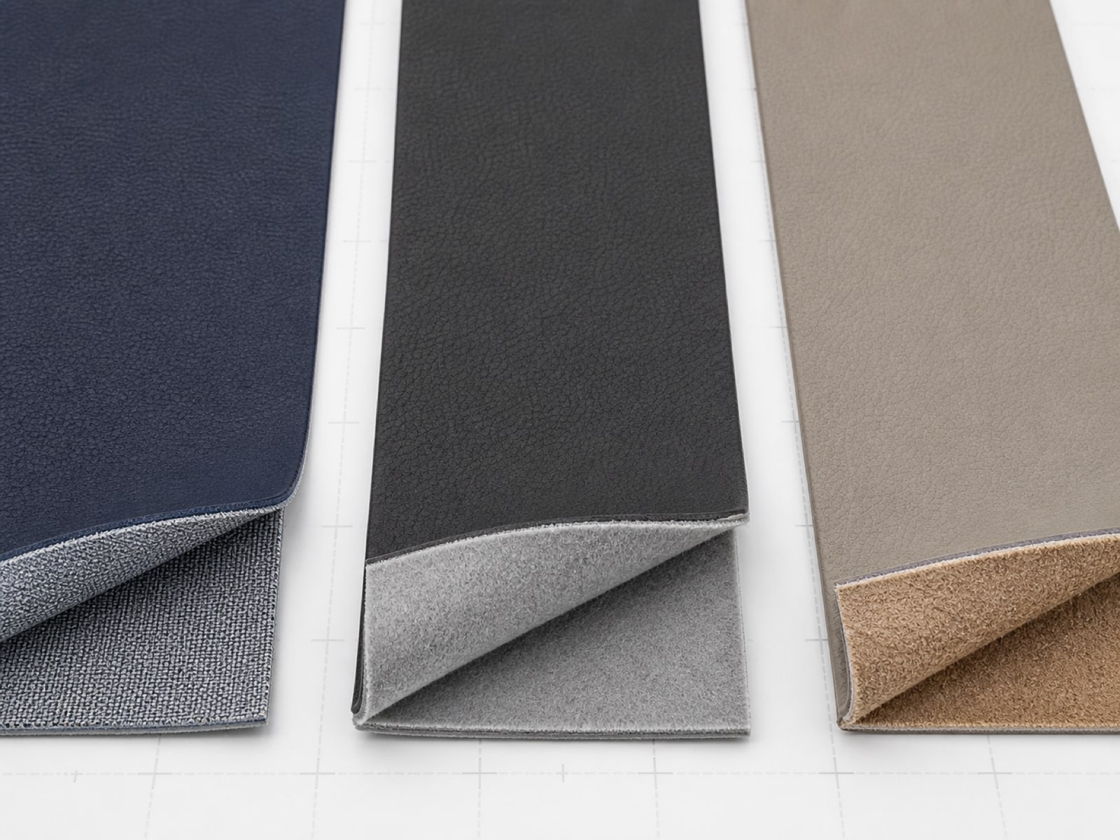 Fabric-backed PU, microfiber PU and split-leather hybrid PU samples shown from the front and backing side