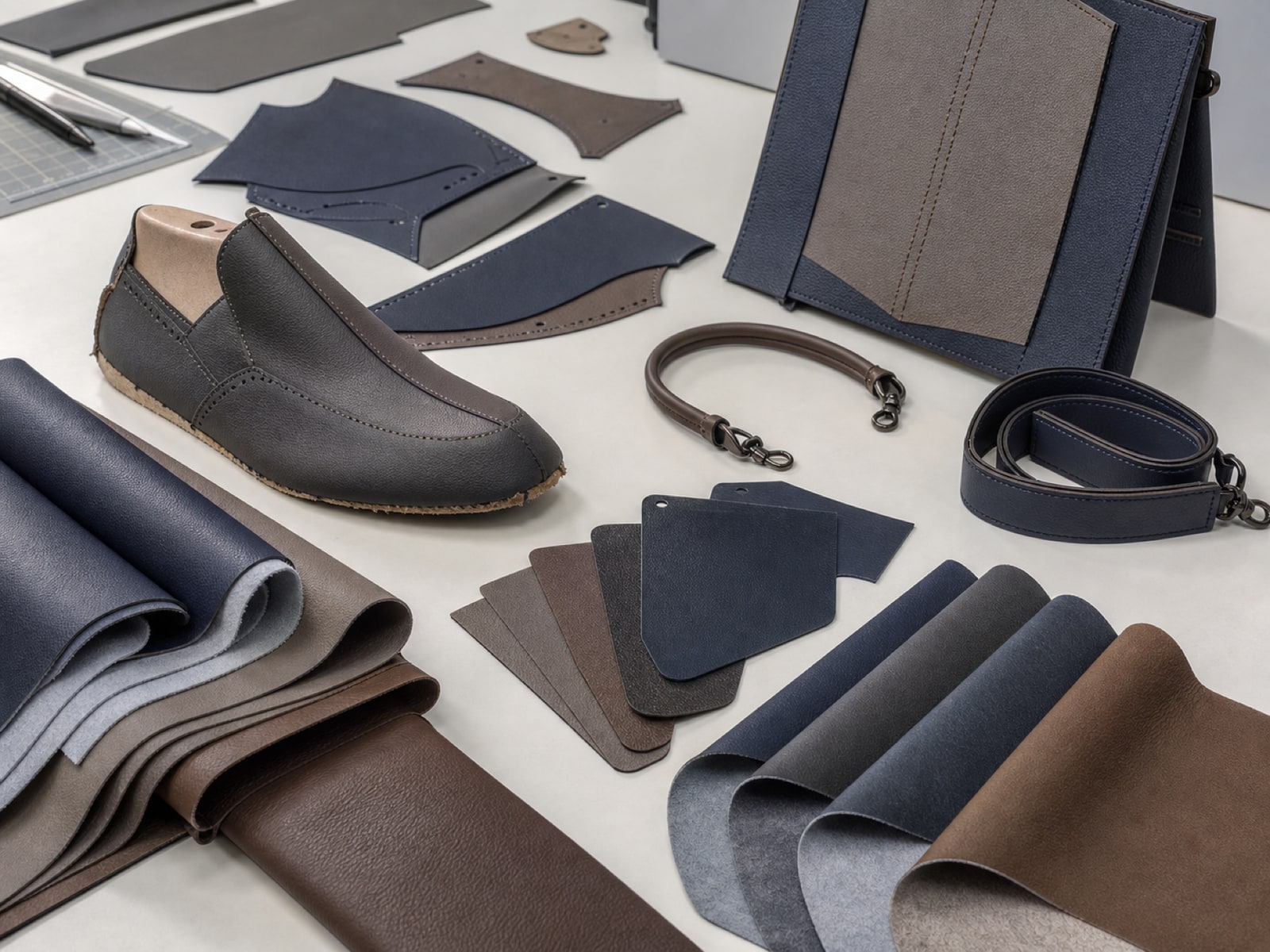 PU shoe upper, bag panels, straps and material swatches under development