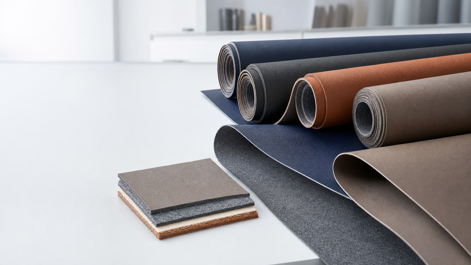 PU leather rolls with fabric, microfiber and layered backing samples
