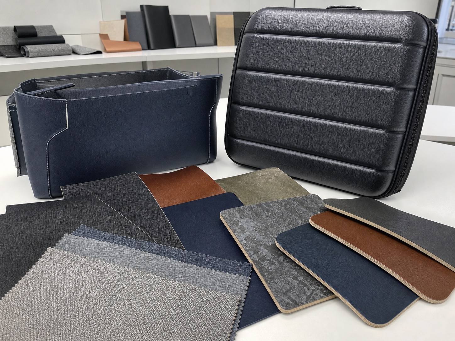 PVC calendered artificial leather samples and unfinished bag and luggage components