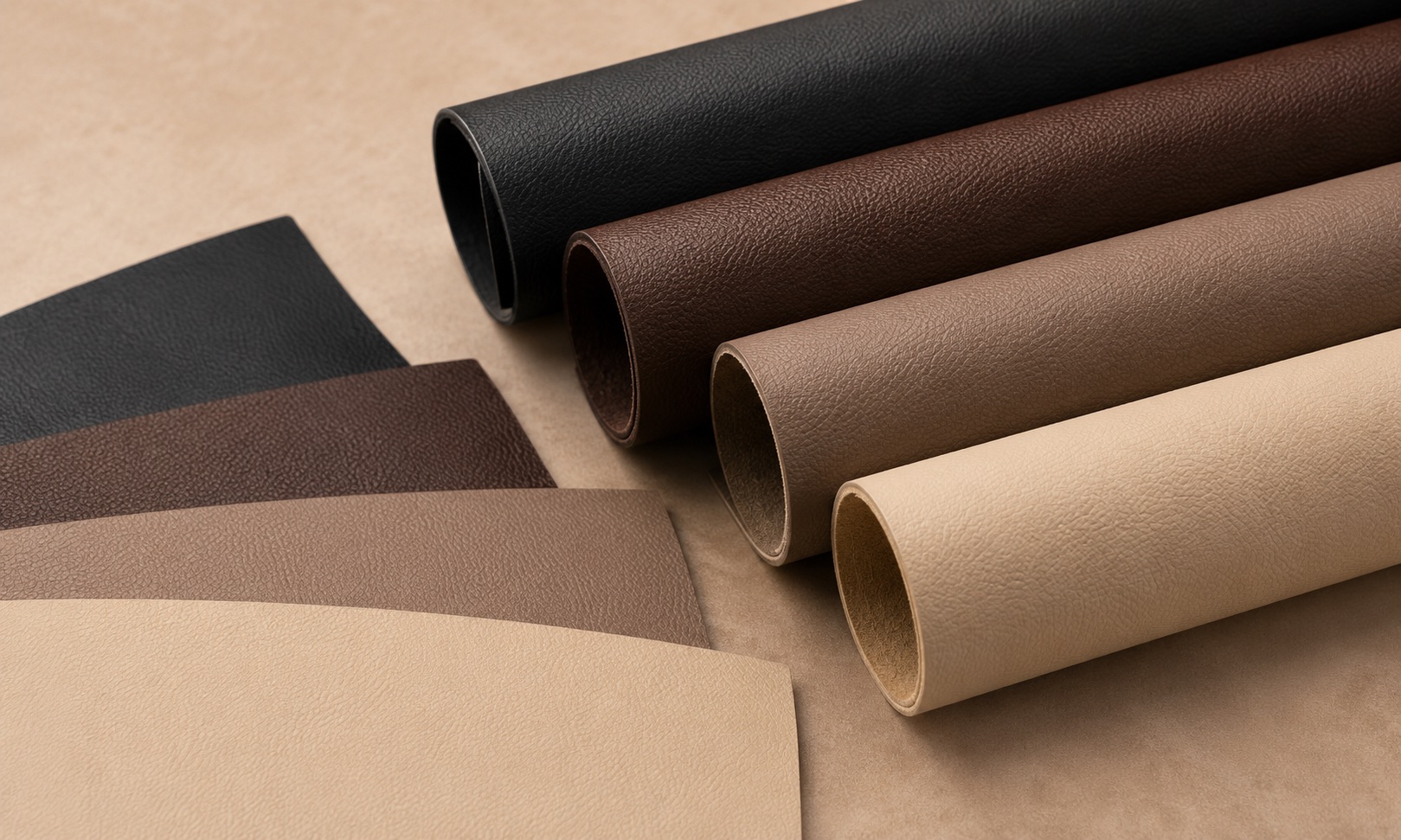 PVC leather process rolls and color swatches for calendered artificial leather