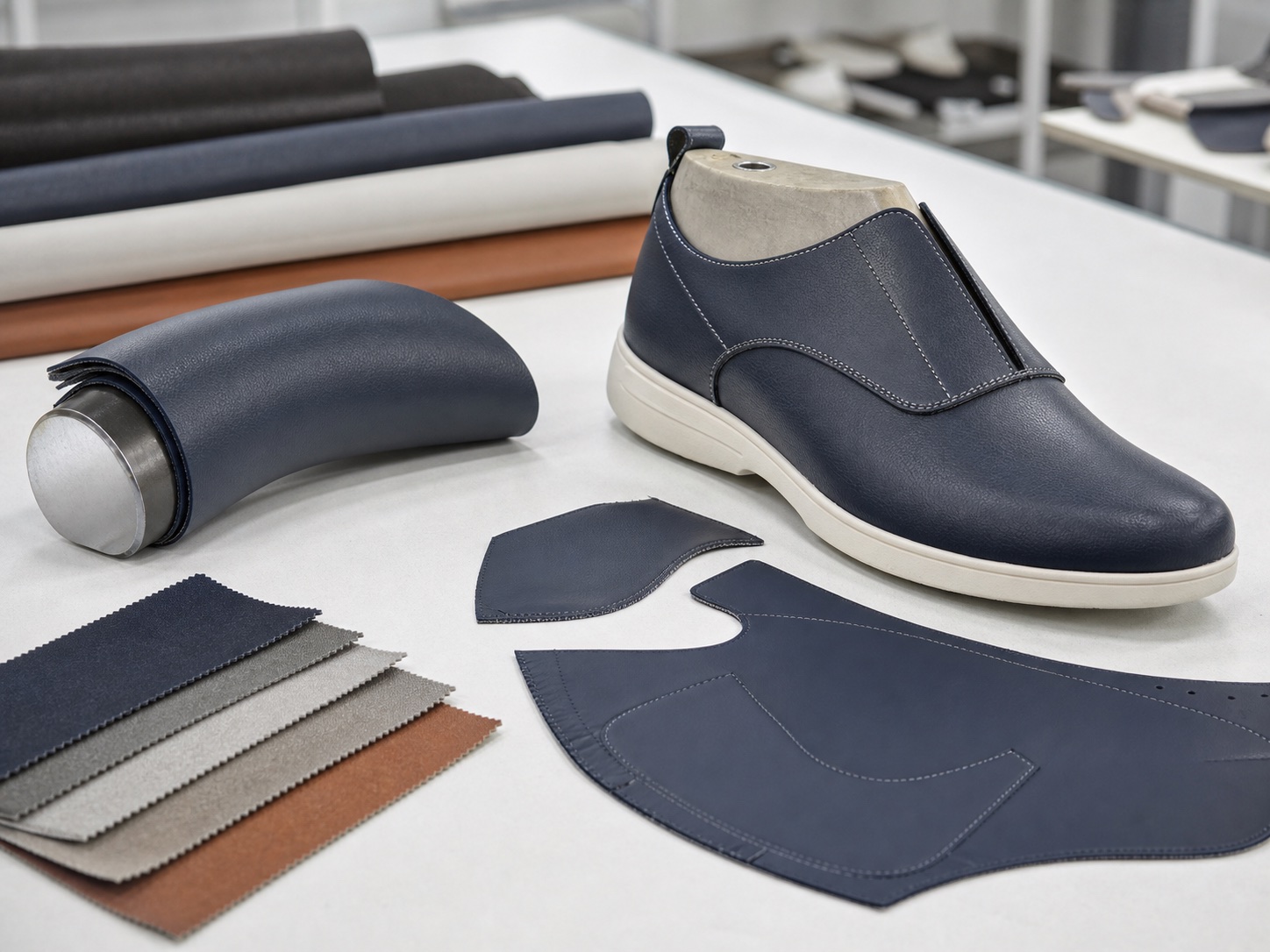 PVC calendered shoe upper leather sample development with a moderate flex example