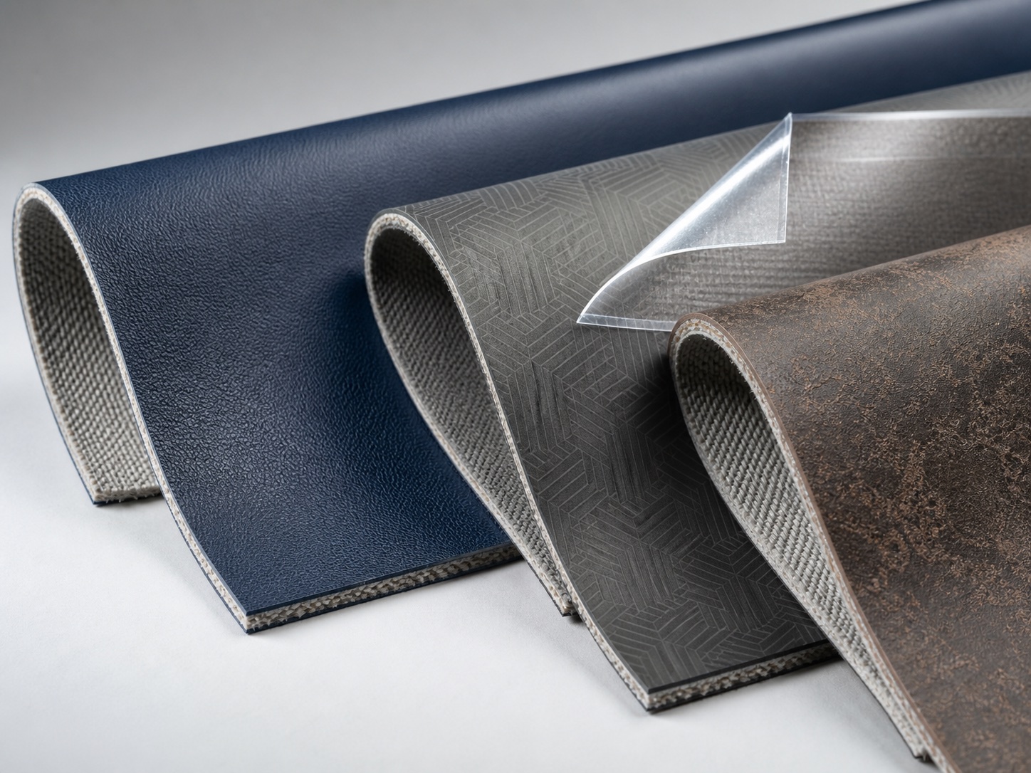 Film-laminated PVC calendered artificial leather showing patterned surface, PVC body and textile backing