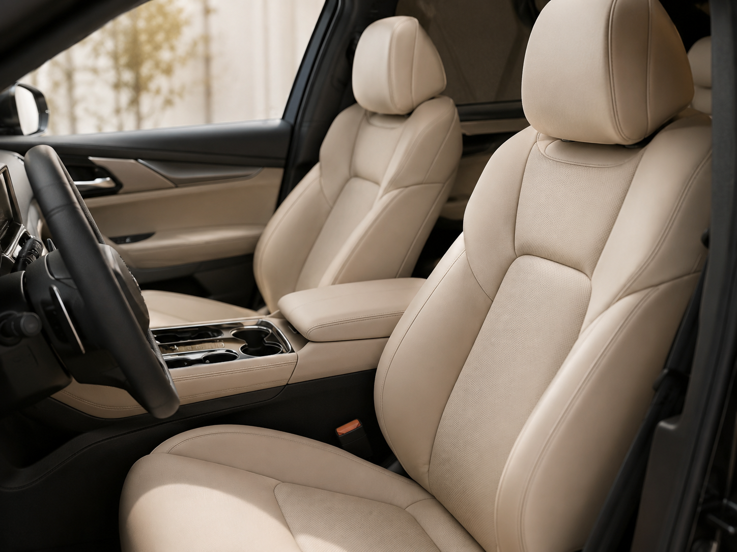 Automotive interior seats made with beige silicone leather
