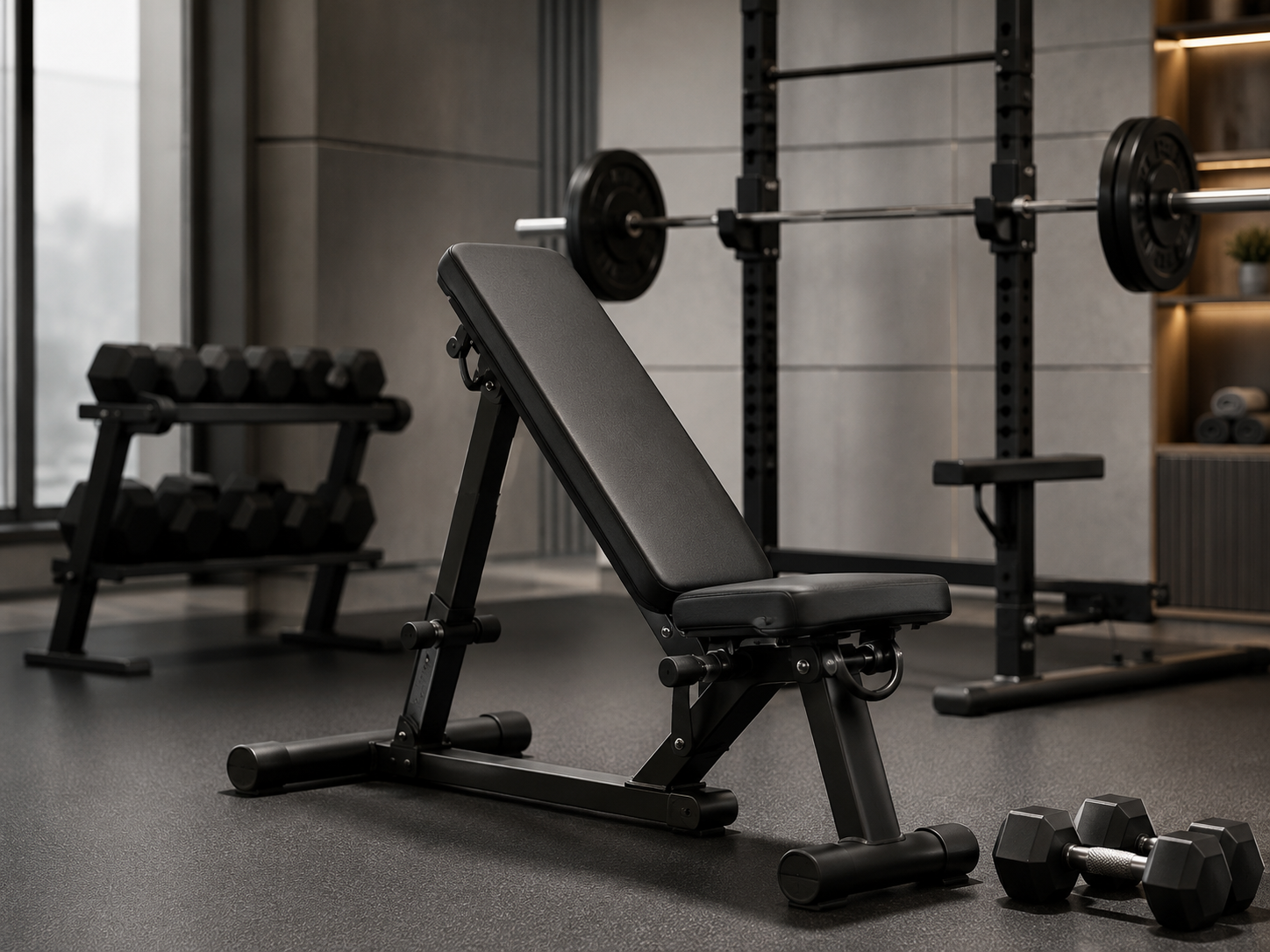 Fitness bench with black silicone leather upholstery