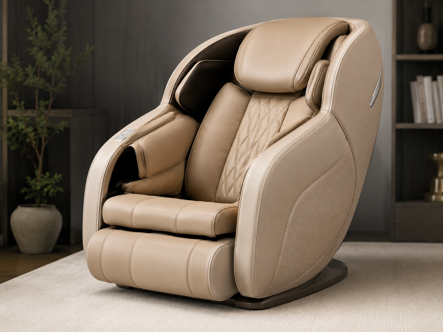 Massage chair upholstered with beige silicone leather