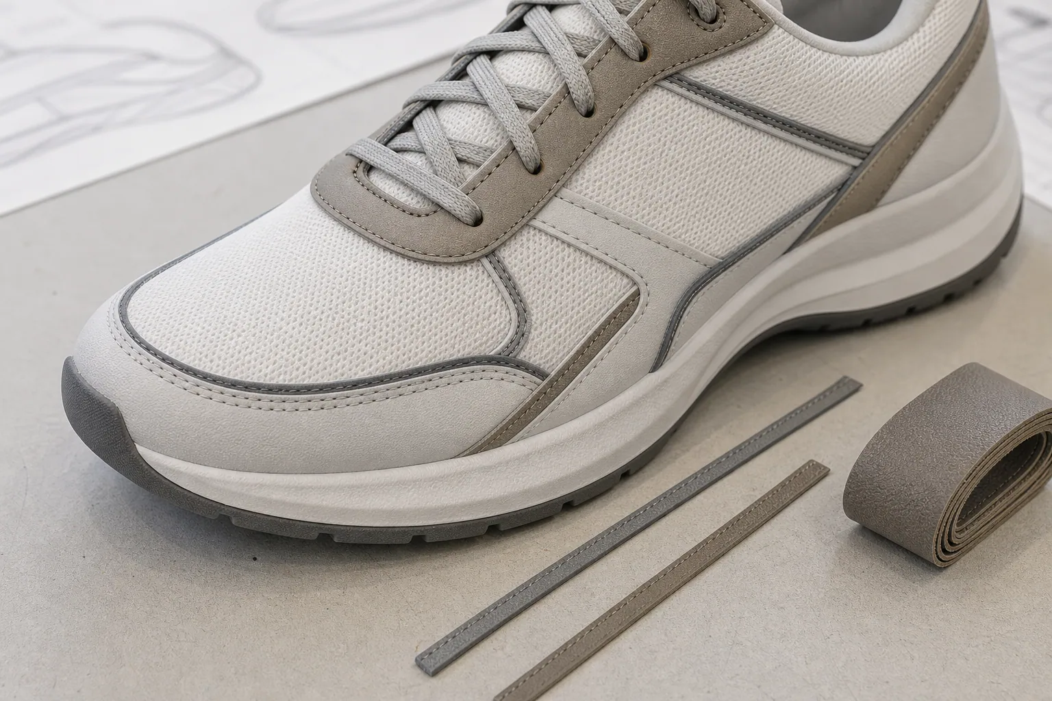 Close view of stitched eyestay and lacing components on an unbranded shoe