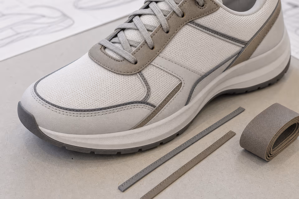 Stitched synthetic leather overlays on an unbranded shoe upper