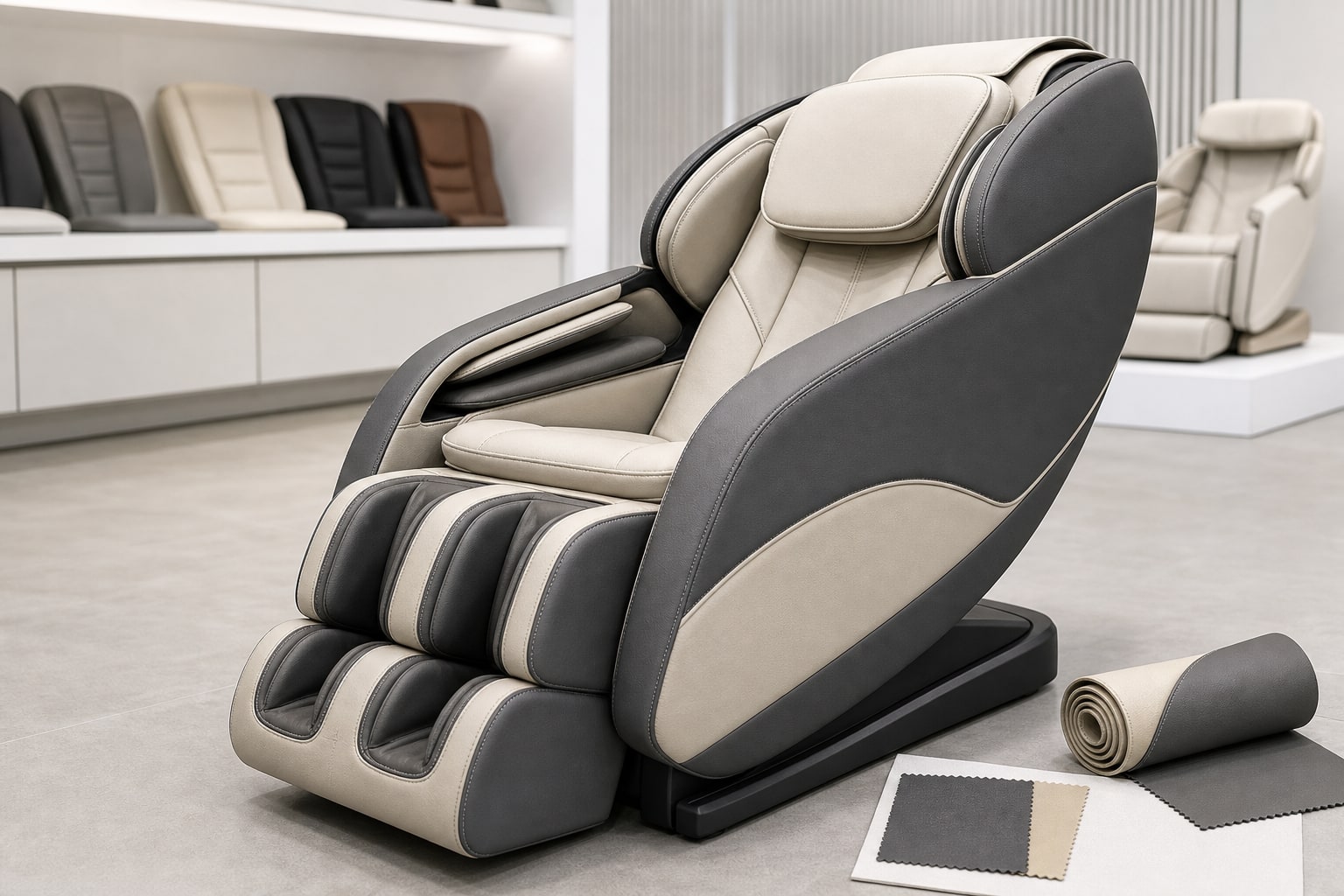 Massage chair upholstered with cream and graphite solvent-free synthetic leather