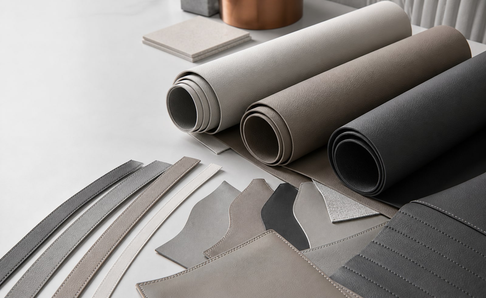 Solvent-free synthetic leather rolls, narrow trim strips and upholstery samples