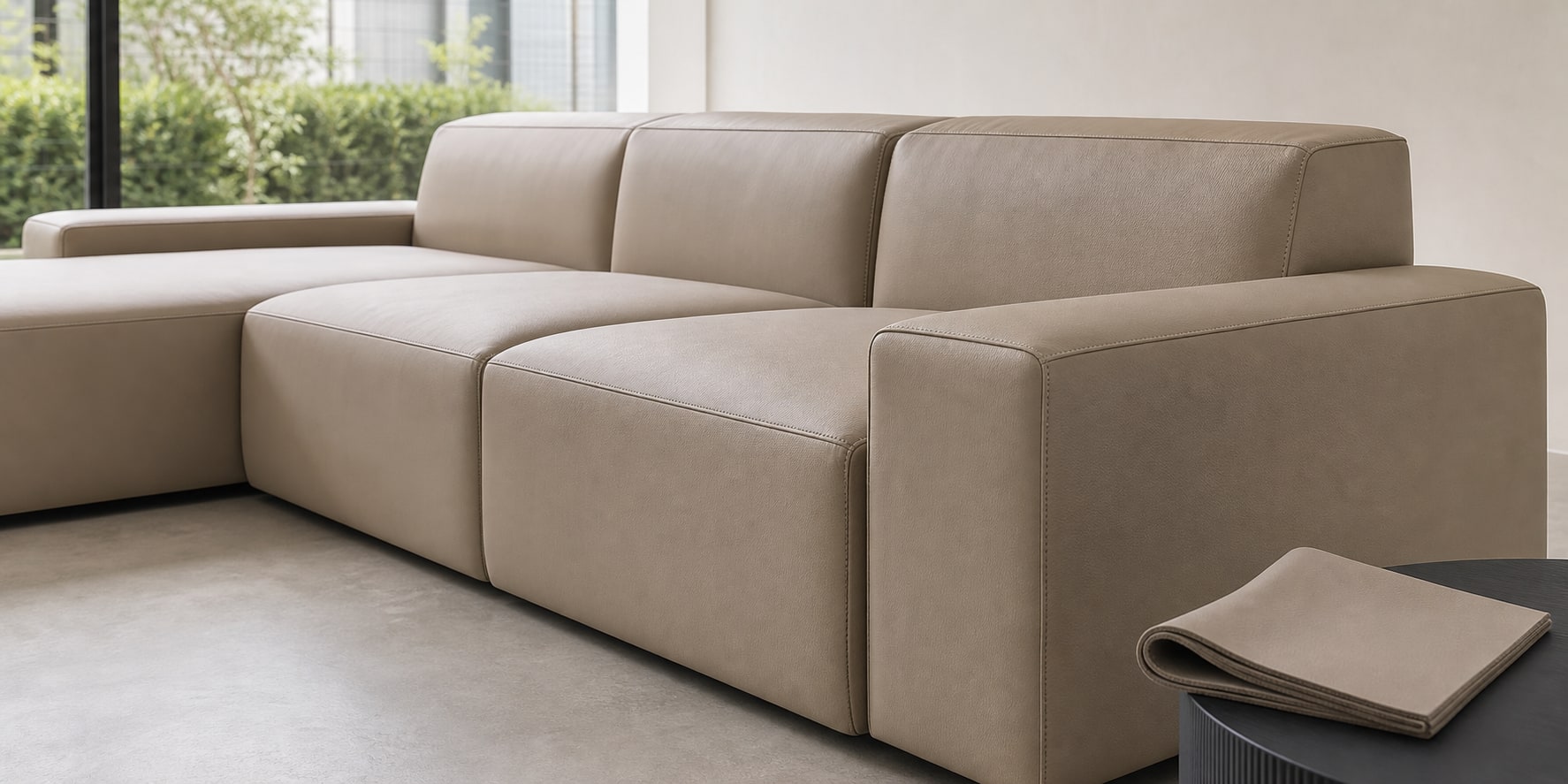Contemporary sofa upholstered in soft solvent-free synthetic leather